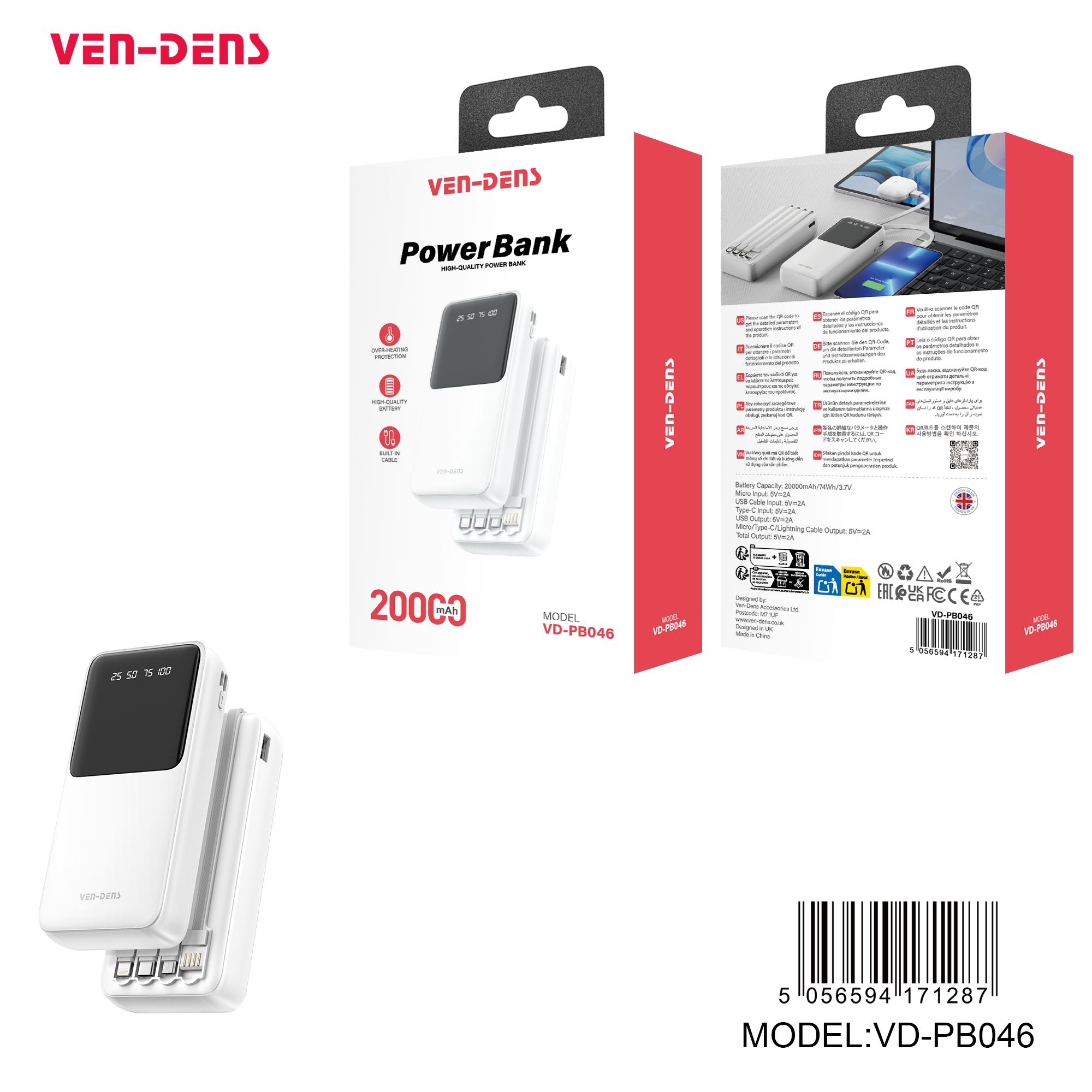 Ven‑Dens PowerBank 20,000 mAh (Model VD‑PB046)
